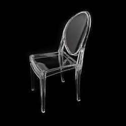 2 vuosisadan puolivälin muovikristalliruokapöydän tuolia, pienoishuonekalut (läpinäkyvät)