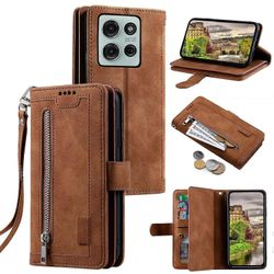 Motorola Moto G75 5G kotelo PU nahkainen puhelimen kansi vetoketjulompakolla 9 korttipaikkaa - ruskea Monivärinen Brown
