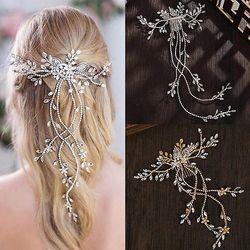 Kvinder Fashion Crystal Rhinestone Langt hår Kam Brude Hår Tilbehør Bryllup Hovedbeklædning Slør Smykker guld
