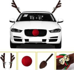 4 Picese Jouluauto Peuran Poronsarvet Ajoneuvo punaisella nenällä Sarvet Tail Jingle Bells Car Cos