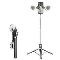 R17ds 1.75m kannettava Bluetooth-selfie-tikku sisäänvedettävä jalusta ph-jalusta, jossa on kaksi täyttövaloa 360 astetta pyörivä valokuvauksen suor...