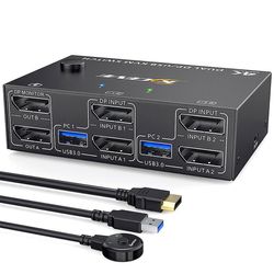 KVM-switch DisplayPort med to skærme, 4 USB3.0 til 2 computere, 2 tommer 2 ud DP 1.4 KVM-switch Sort
