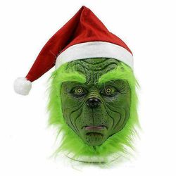 Christmas The Grinch Full Head Latex Mask Xmas Hat Monster Voksenhansker-mxbc Grinch-julemasken D