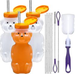Honey Bear Straw Cup pitkät pillit, 3-pakkaus puristettava hoito ja erityistarpeet avustava juomasäiliö, roiskeenkestävä ja tiivis kansi