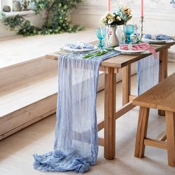 Witdreamer Bomuld Bryllup Sengetøj Bordløber Bryllup Banket Fest Boho Hjem Dug Indretning Blå 90x300CM