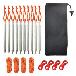 Aluminium Legering Telt Stakes Set, 10pcs 18cm Telt Spil med 4 stk Guy Line Rope, 4 stk Reb spænde og taske, Color Black sølv