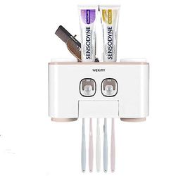 Wekity Multifunktionel tandbørsteholder og tandpastadispenser Pink