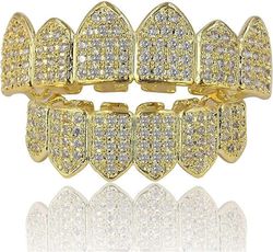Wuhing 18 karaatin kullattu simuloitu timantti ylhäältä alas hampaiden grillisarja miehille naisille Gold set