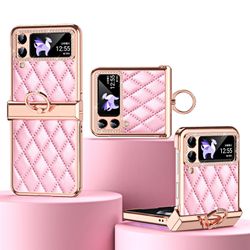 Frusde Plating Rhinestone cover kompatibel med Samsung Galaxy Z Flip 4, Pu læder cover med hængsel beskyttelse &ringholder Pink For Galaxy Z Flip 4