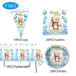 Björn Nallebjörn Engångs Födelsedagskalas Bestick Tallrik Cup Servett Duk Baby Shower Bestick Set Tillbehör Shopping Björn 51PCS -4(20)