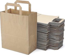 Lot De 50 Sacs Marrons Cabas En Papier Kraft Avec Poignes Plater - 21x11x25 Cm - Sac De Courses/emballage Cadeau Pour Anniversaire, Noel, Mariage.