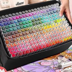 Sarja alkoholimerkkejä, julisteiden suunnittelumerkkejä, kaksisakaraisia taidetarvikkeita piirtämiseen, luonnosteluun ja väritykseen