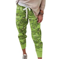 1mor Women's Grinch Print Casual bukser og Grinch Face Drink Up Christmas hettegensere M