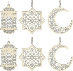 Duqi 2 sett 6 stykker tre anheng ornament ramadan kareem dekorasjon månestjerne vind lys form anheng ornament for ramadan mubarak eid dekorasjoner
