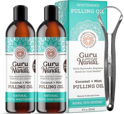 GuruNanda Whitening Pulling Oil with Coconut Oil & Peppermint eteerinen öljy suun terveydelle, luonnollinen hampaiden valkaisu, auttaa raikkaassa h...