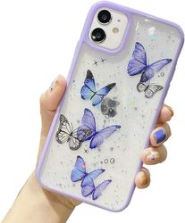 iPhone 11 sommerfugletui, skinnende sød smuk sommerfugl glitter stødsikker blød silikone klar piger kvinder cover taske til iPhone 11 lilla, QWER96