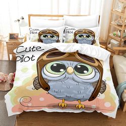 Cartoon Owl Student Dormitory Tredelt dynebetræk Jord Uld sengetøj Cover 200*200cm three-piece