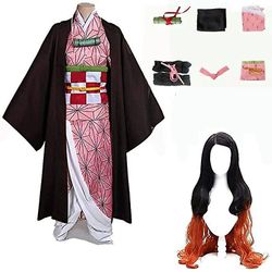 2023-dæmonDræber Bror og søster Kamado Nezuko Cosplay Kostume Outfit Kimono Anime Kostume Paryk-1 Nezuko og paryk M