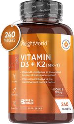 WeightWorld Vitamin D3 K2 MK7-8 måneders forsyning (240 VIT D3 & K2 tabletter) - Vegetarisk Vitamin D 4000IU & 125ug K2- Høj styrke D-vitamin suppl...