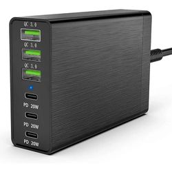 96W 6-Port Desktop USB-ladestation med 3 USB-C-porte og QC3.0-porte, 20W hurtigoplader EU Plu Sort