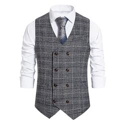 Drupum Mænds Vintage Plaid dobbeltradet slankende Business Vest Grå L