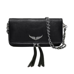 Zadig&voltaire Kvinner Bag Leather Messenger Bag Lady Shoulder Bag Med Wing Rhinestone Glidelås [xc] Svart