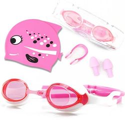 Handuo 4pcs Silikone Svømning Beskyttelsesbriller Swimming Cap Set Pink