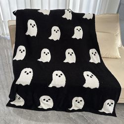 Rosa Halloween Ghost Filt Halv Fleece Stickad Jacquard Filt Fluffig Mjuk Casual Soffa Tv Kasta Filt Halloween Gåvor Svart och vitt 127x152cm