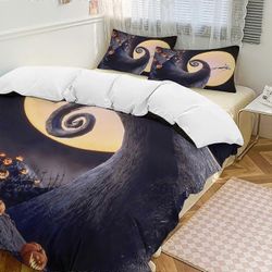 3D Painajainen ennen joulua -aiheinen vuodevaatesetti, pehmeä ja viihtyisä kaksoispeittosarja, jossa on 1 peitto ja 2 tyynyliinaa kaikkina vuodenai...