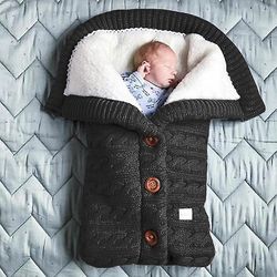 Aoweisia Spædbarn Vinter Varme soveposer Knap Strik Wrap Swaddling Klapvogn Wrap Toddler Tæppe Soveposer Mørk grå