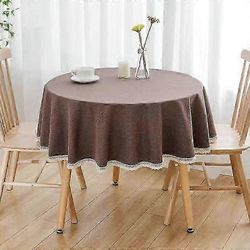 Tyylikäs yksivärinen pyöreä pöytäliina pitsillä - puuvillainen pellavainen pöytäliina hää-, ruokailu- ja teekutsujen sisustukseen tummanruskea Roun...