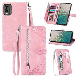 Til Nokia C32 Flip læder cover blomst trykt lynlås lomme tegnebog stativ telefon taske-pink Style D Nokia C32