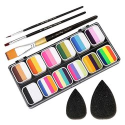 Face Paint Kit 1-tahti 12 jaettu kakkupaletti, vesiaktivoitu vartalomaalisarja 3 siveltimellä 2 Spong