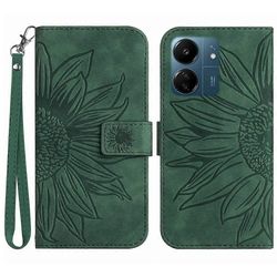 Xiaomi Redmi 13C -kotelolle Skin-touch Leather Folio Flip -kansi rannehihnalla Tummanvihreä