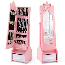 CWY 2 in 1 korukaappi lapsille täyspitkällä peilillä ja Laatikon peilikaappi meikkipeili vaaleanpunainen