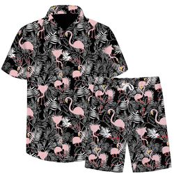 Cloudstyle 2-delt sommerskjortesæt med flamingoprint til mænd Sort L