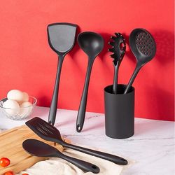 Unbrand 7pcs Sæt sort silikone køkkenudstyr Non-stick Madlavning Tool