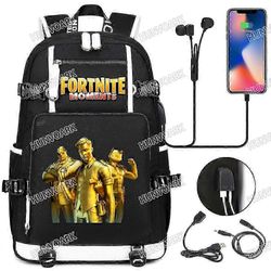 Fortnite-reppu Miehet Naiset Usb-lataus Vedenpitävä Kannettava tietokone Reppu Rento Kangas Koululaukut Tietokone Muistikirja Mochilas Musta