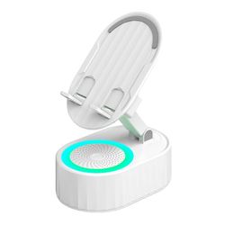 5-in-1 Langaton Induktiokaiutin & BT-Kaiutin Puhelintelineellä, Latauksella, Ympäristön Valolla ja 5W Ääniohjaimella - 3000mAh Akku Valkoinen