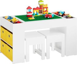 SoBuy lasten pöytä ja 2 jakkarapöytäsetti rakennuspalikoille, joissa on kaksipuolinen pöytälevy ja 8 säilytyslaatikkoa, KMB75-W Valkoinen