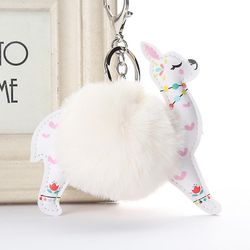 Dejlig Alpaca Blomstermotiver Key Chain Bag Vedhæng Bil Ris hvid