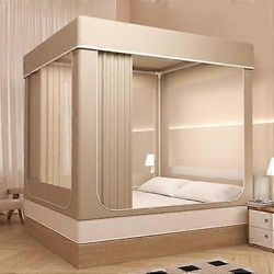 Kannettava Sänkyteltta – Kevyt unikapseli pimennyksellä ja hengittävällä verkolla sisä- ja ulkokäyttöön, 200X200CM, Beige B