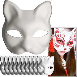 White Paper Mask Cat Face - 10 stykker, Pulp blank håndmalet maske, Personligt design, velegnet til Halloween Fancy Dress Cosplay Cy hvid