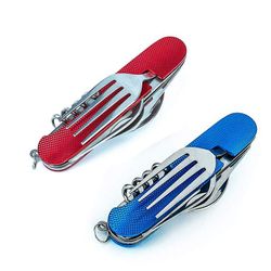 Multifunktionelle foldbare rustfrit stål Udendørs Camping Picnic Bestik Kniv Gaffel Spoon, 2pcs, Blå og Rød