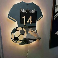 Räätälöity jalkapallopaita LED-peiliyövalo nimellä ja numerolla huoneen sisustukseen ja lahjoihin B 37x42cm