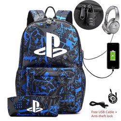 2 kpl/erä PS4 Playstation Canvas -reppu ja penaali Koululaukku USB-lataus Koululaukku Kannettava tietokone Urheilu Mochila Escolar MULTI 18 inches
