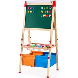 Succebuy Art maalausteline lapsille, 3-in-1 puinen kaksipuolinen lasten taidemaalausteline magneettitaululla, liitutaululla, paperirullalla
