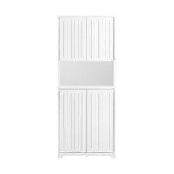 SoBuy BZR150-W, korkea kylpyhuoneen säilytyskaappi, H150cm, ohut, vapaasti seisova kylpyhuoneyksikkö, jossa 2 ovea ja irrotettava kangaskori pyyhke...