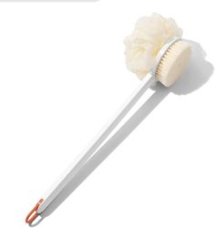 Linkrunning Bath Scrubber Body Brush Shower Scrubber Back Brush med langt håndtag, ergonomisk skridsikker holdbar (hvid med badebold) 14.5