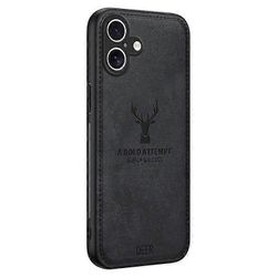 Yhteensopiva iPhone 16 -kotelon kanssa Deer Pattern Cloth Texture PU Leather Hybrid Phone Cover Musta